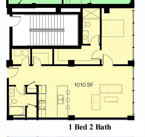 Floor plan for 1 bed, 2 baths, 1010 sqft